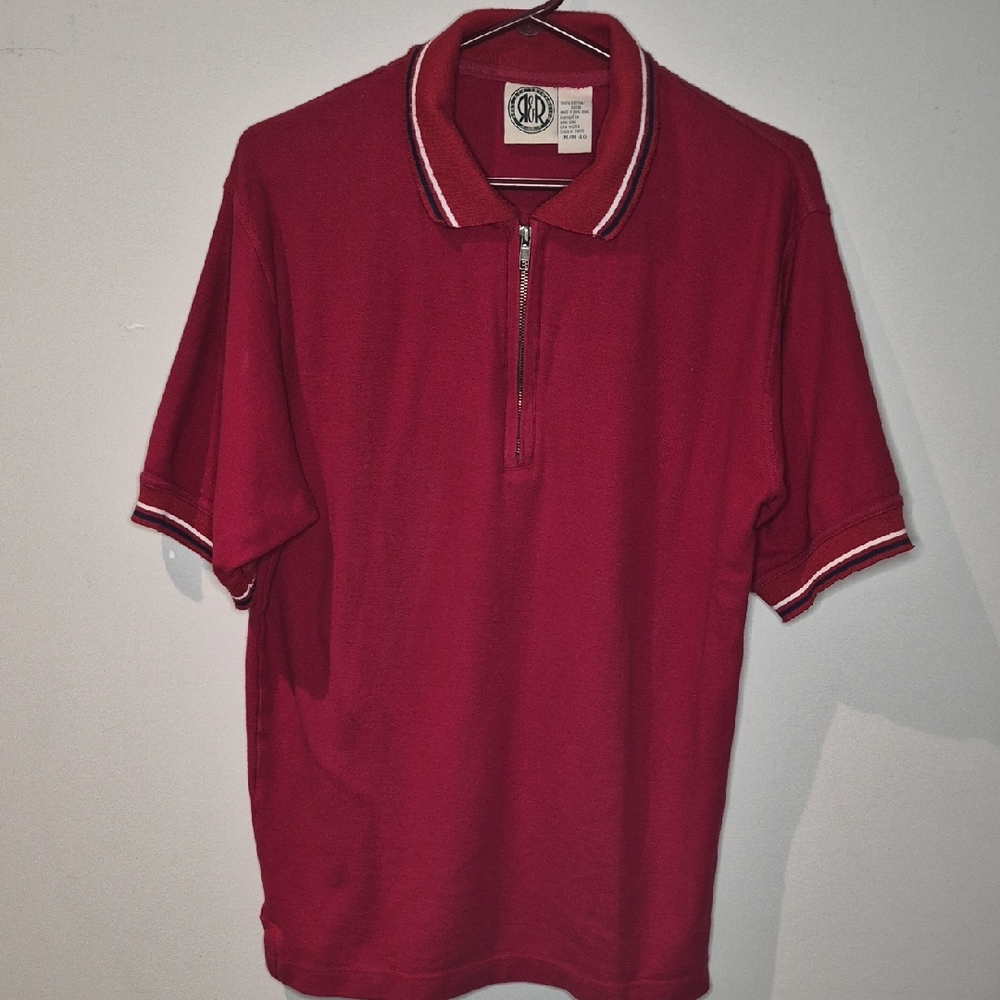 Retro Athletic Men's Red Short-Sleeve Zip Polo with Contrast Stripe Collar